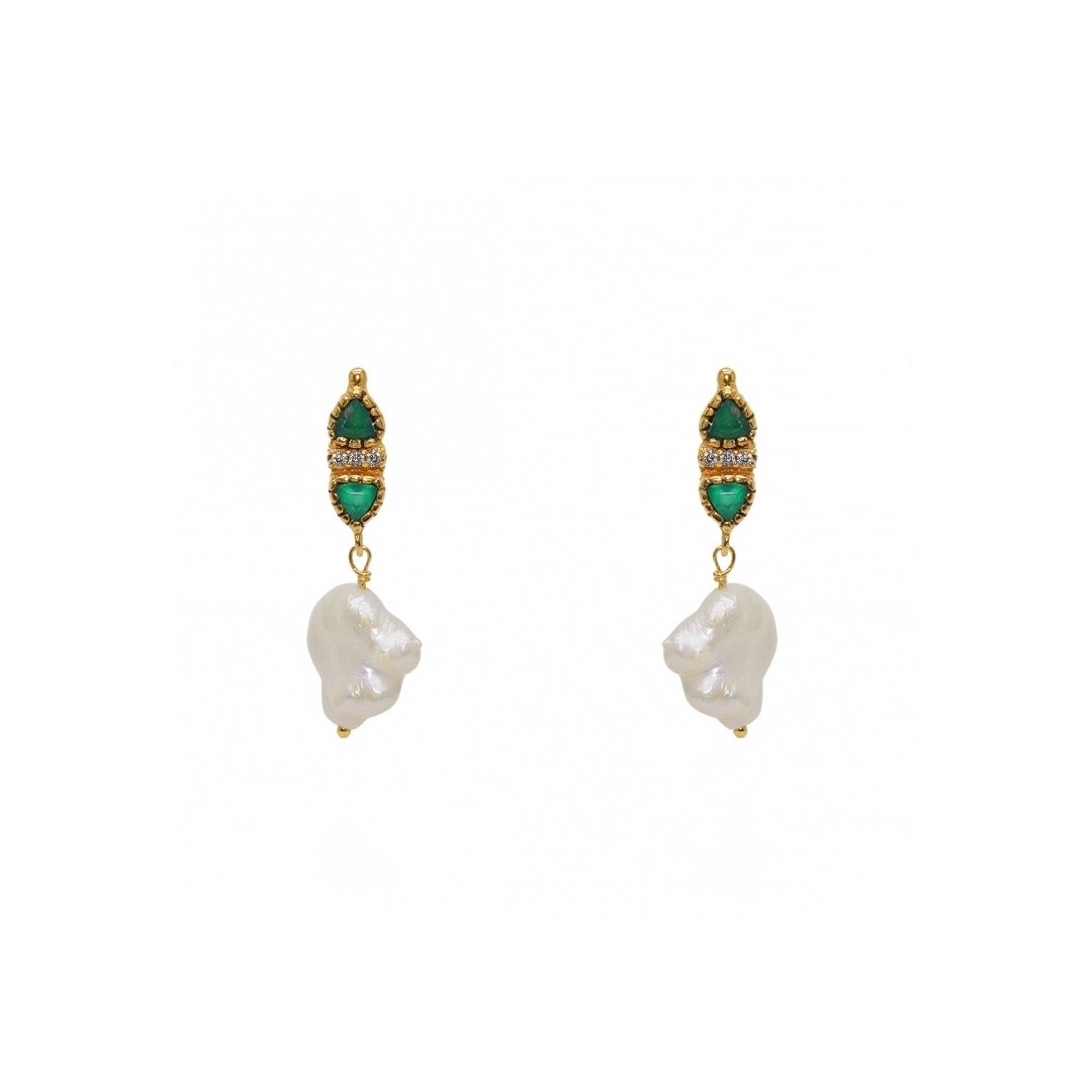 Boucles dorées perle de culture et onyx verte Boucles dorées perle de culture et onyx verte